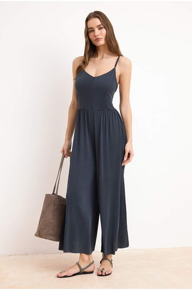 Anthracite Relaxed Boat Neck Sleeveless Shirred Long Modal Knitted Jumpsuit