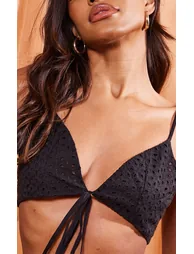 Black Broderie Anglais Tie Front Triangle Bralet - 3