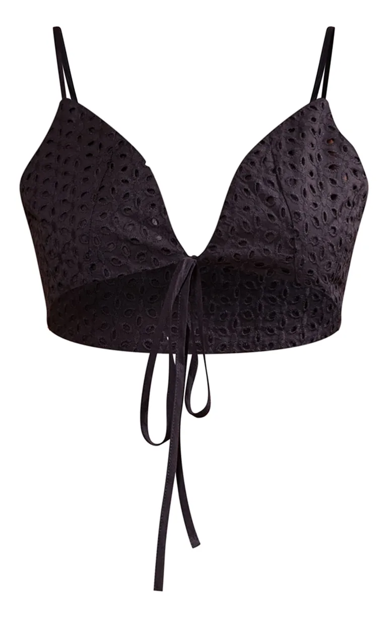 Black Broderie Anglais Tie Front Triangle Bralet - 4