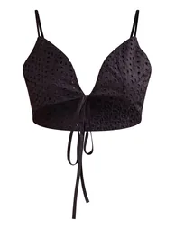 Black Broderie Anglais Tie Front Triangle Bralet - 4
