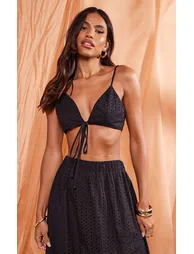 Black Broderie Anglais Tie Front Triangle Bralet