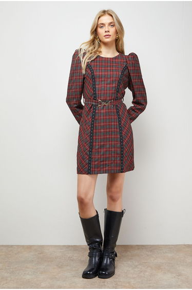 Checked Belted Crew Neck Mini Dress