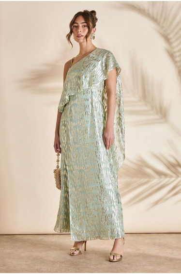 Metallic One Shoulder Maxi Dress