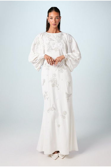Premium Beaded Floral Embellished Long Sleeve Wedding Dress