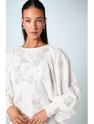 Premium Beaded Floral Embellished Long Sleeve Wedding Dress - 3