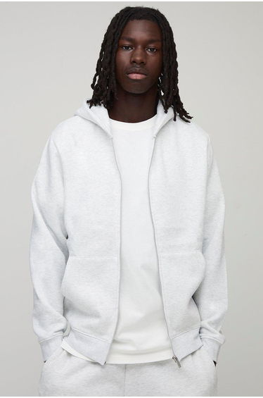 Basic Regular Zip Through Hoodie - grey marl