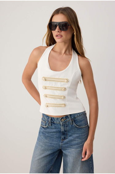 Stone Accessory Detailed Woven Blouse