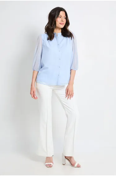 Check Organza Collarless Blouse