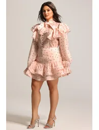 Sahara Rufflede Dot Printed Bowknot Top And Skirt Two-Piece Set - 2