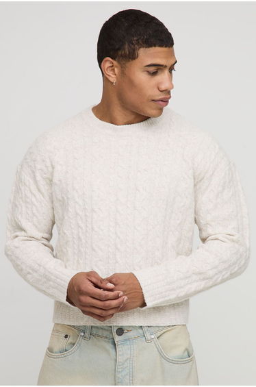 Shrunken Boxy Extended Neck Cable Knitted Jumper - ecru