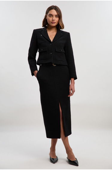Textured Tweed Tailored Belted Pencil Skirt
