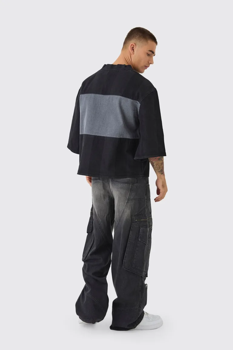 Oversized Embroidery Football Denim T-Shirt - washed black - 4