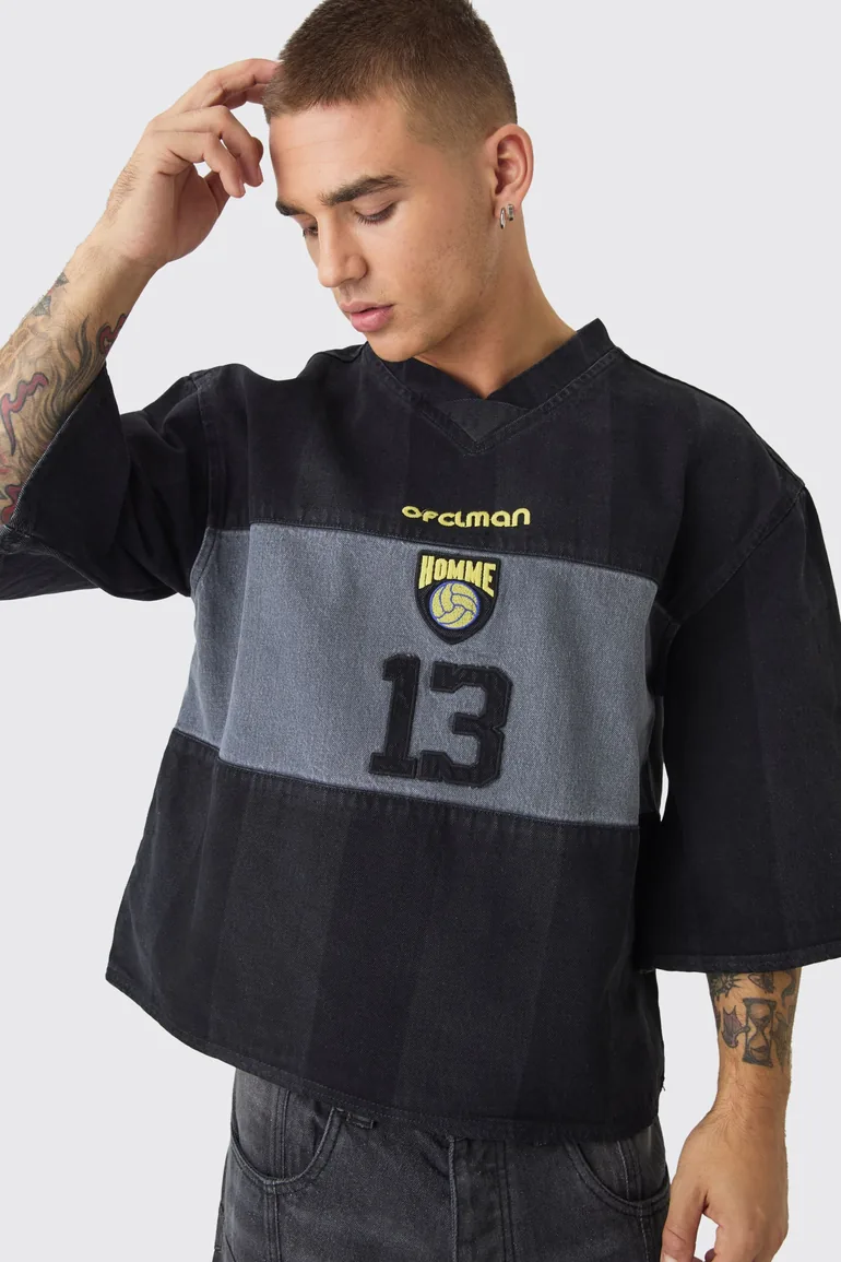 Oversized Embroidery Football Denim T-Shirt - washed black - 3