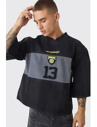 Oversized Embroidery Football Denim T-Shirt - washed black - 3
