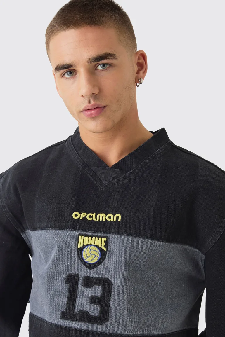 Oversized Embroidery Football Denim T-Shirt - washed black - 5