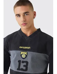 Oversized Embroidery Football Denim T-Shirt - washed black - 5