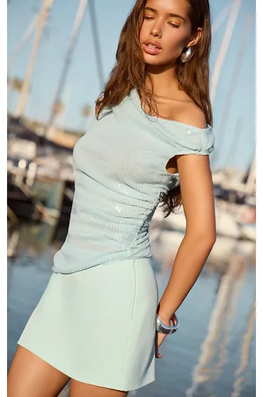 Blue Sequin Ruched Drape Long Top