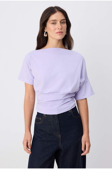 Lilac Plain Fitted Asymmetric Collar Low Sleeve Short Shirred Crop Cotton Stretchy Knitted Blouse