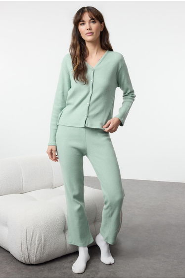 Mint Brushed Soft Ribbed Cardigan Knitted Pajama Set