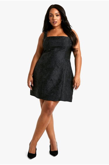 Plus Jacquard Square Neck Skater Dress - black