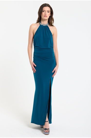 Teal Embellished Halter Neck Maxi Dress