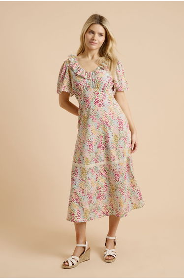 Pink Floral Angel Sleeve Frill Neckline Lace Trim Midaxi Dress