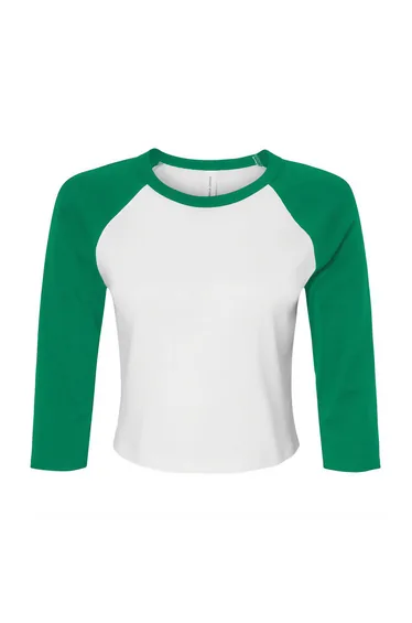 Bella + Canvas Womens/Ladies Micro-Rib Raglan 3/4 Sleeve Crop T-Shirt - White/Kelly Green