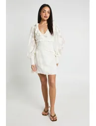 Burnout Ruffle Detail Volume Sleeve Mini Dress - ivory