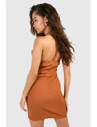 Linen Bead Detail Halterneck Mini Dress - terracotta - 1