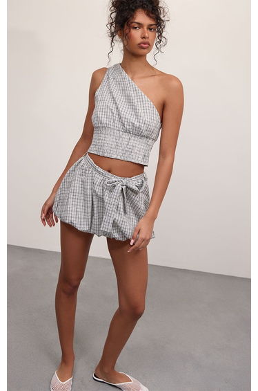 Black Checked Tie Waist Puffball Skirt