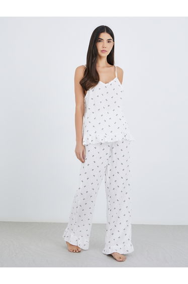 All-Over Bow Print Cotton Gauze Ruffle Hem Cami and Pyjama Set