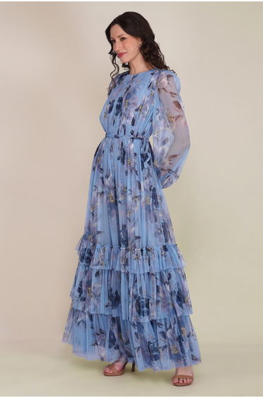 Rebecca Tulle Maxi Dress in Blue Magnolia Print