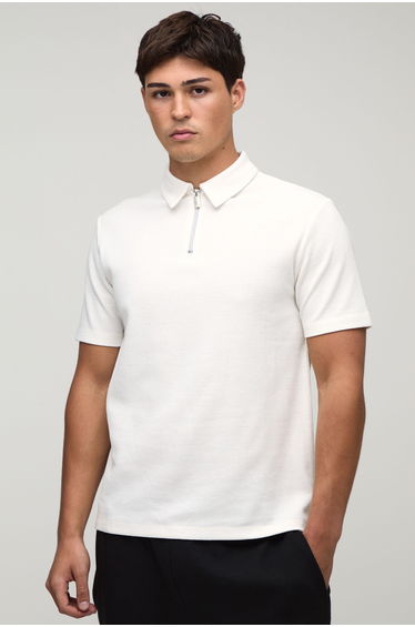 Slim 1/4 Zip Waffle Polo - ecru