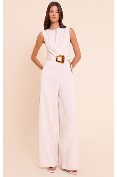 Stone Woven Boat Neck Straight Leg Jumpsuit