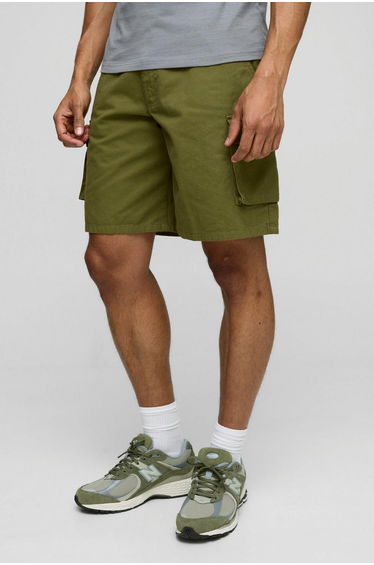 Fixed Waist Baggy Cargo Twill Shorts - khaki