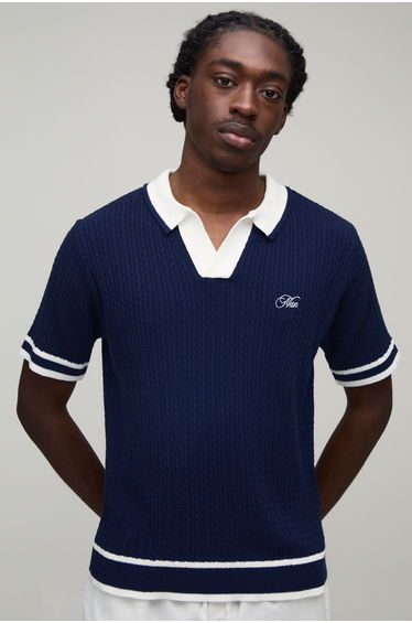 MAN Boxy Cable Embroidered Knitted Polo - navy