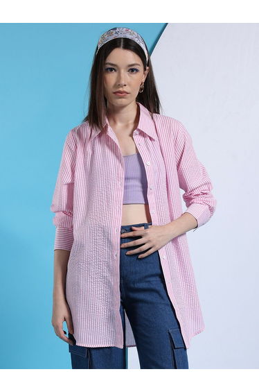 Women Pink Striped Longline Shirt