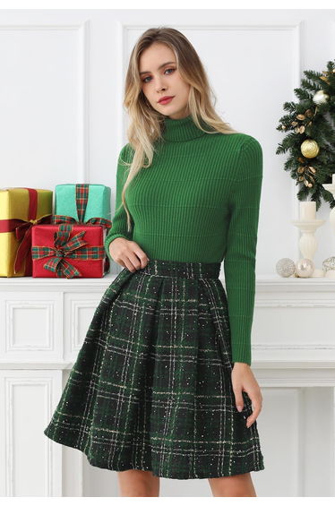 Shining Plaid High Waist Pleated Tweed Skirt in Dark Green