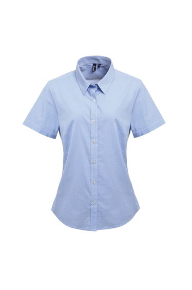 Premier Womens/Ladies Microcheck Short Sleeve Cotton Shirt - Light Blue/White