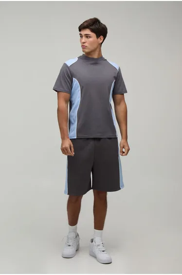 Contrast Piping Regular Fit T-Shirt & Baggy Short Set - charcoal