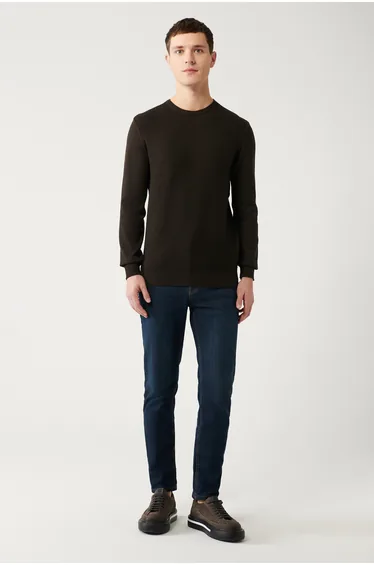 Men's Brown Knitwear Sweater Crew Neck Front Textured Cotton Regular Fit E005105