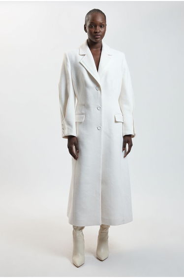 Wool Tailored Midi Full Skirt Satin Detail Coat