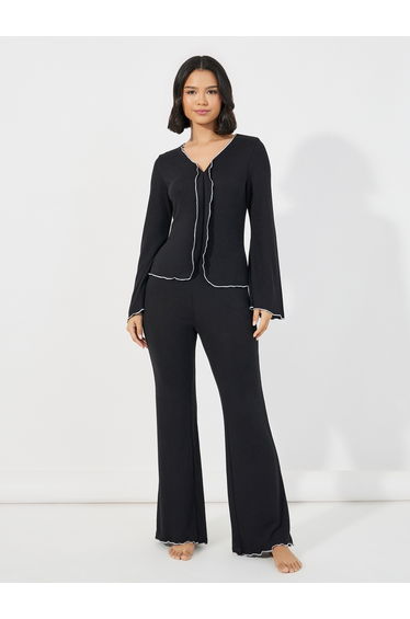 Contrast Lettuce Hem V Neck Top and Flared Pants Pyjama Set