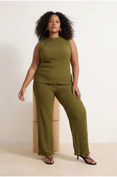 Khaki Textured Regular Fit Sleeveless Flexible Plus Size Knitted Blouse Trousers Bottom-Top Set