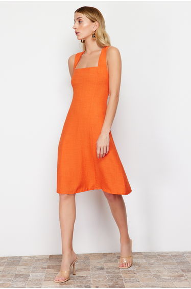 Orange Square Neck Woven Dress