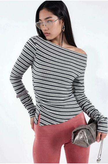 BUSEM Striped Ribbed Boat Neck Top