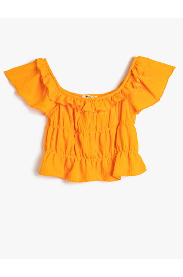 Crop Blouse Round Collar Shoulder Off Ruffle Short Sleeve