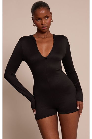 Black Soft Touch Zip Up Unitard