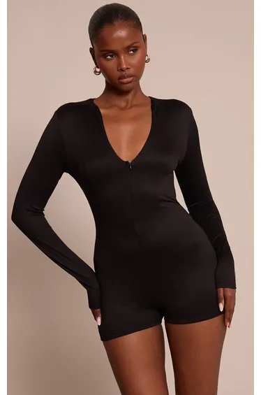 Black Soft Touch Zip Up Unitard
