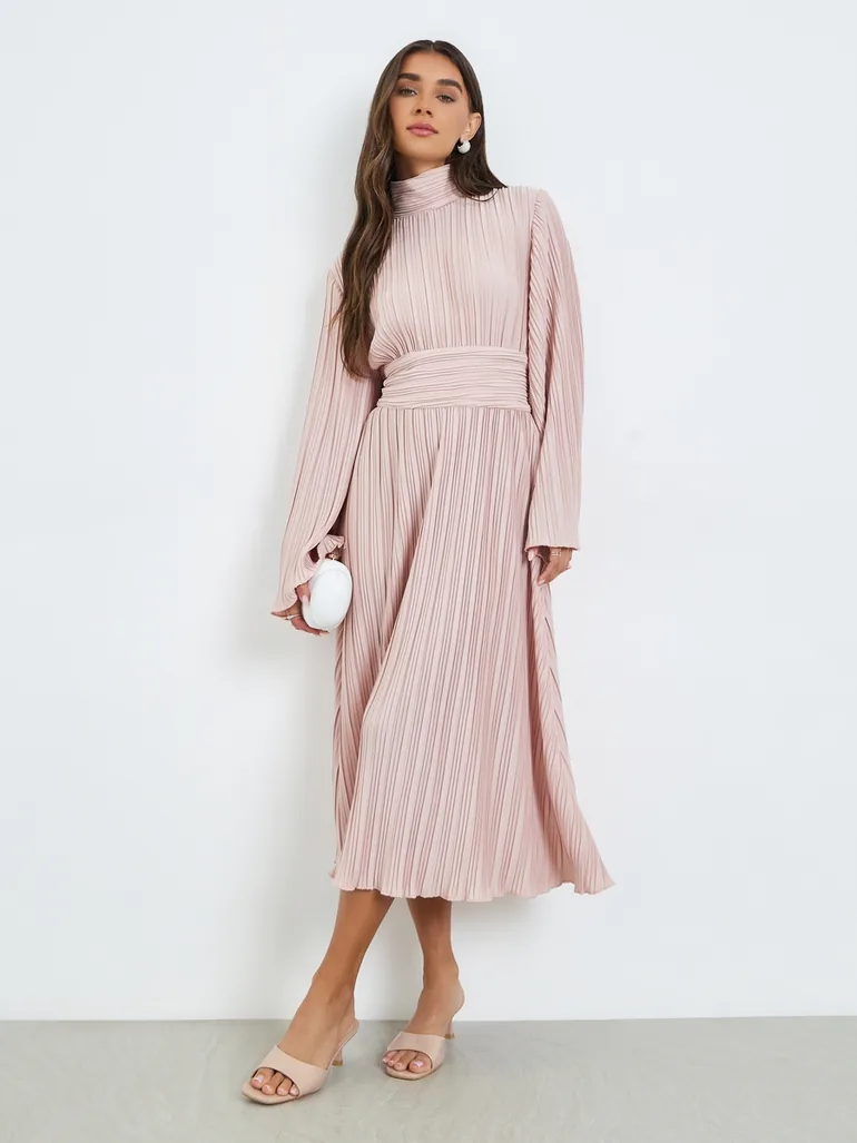 Women Pink Peated Bell Sleeves A-Line Midi Dress Styli Pink : Evening Dresses : VogaCloset Oman Women Pink Peated Bell Sleeves A-Line Midi Dress Styli Pink : Evening Dresses : VogaCloset Oman